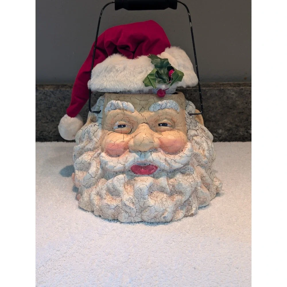 Crackling St. Nick Santa Claus Head Vintage Paper Mache Basket Bucket Handle